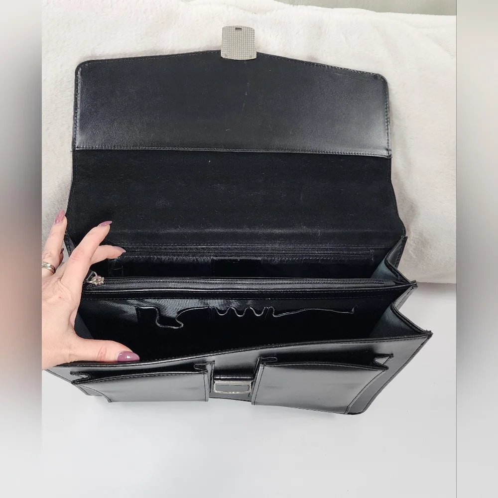 Classic Briefcase Laptop Computer Bag Documents Faux Leather Black 15x11x5